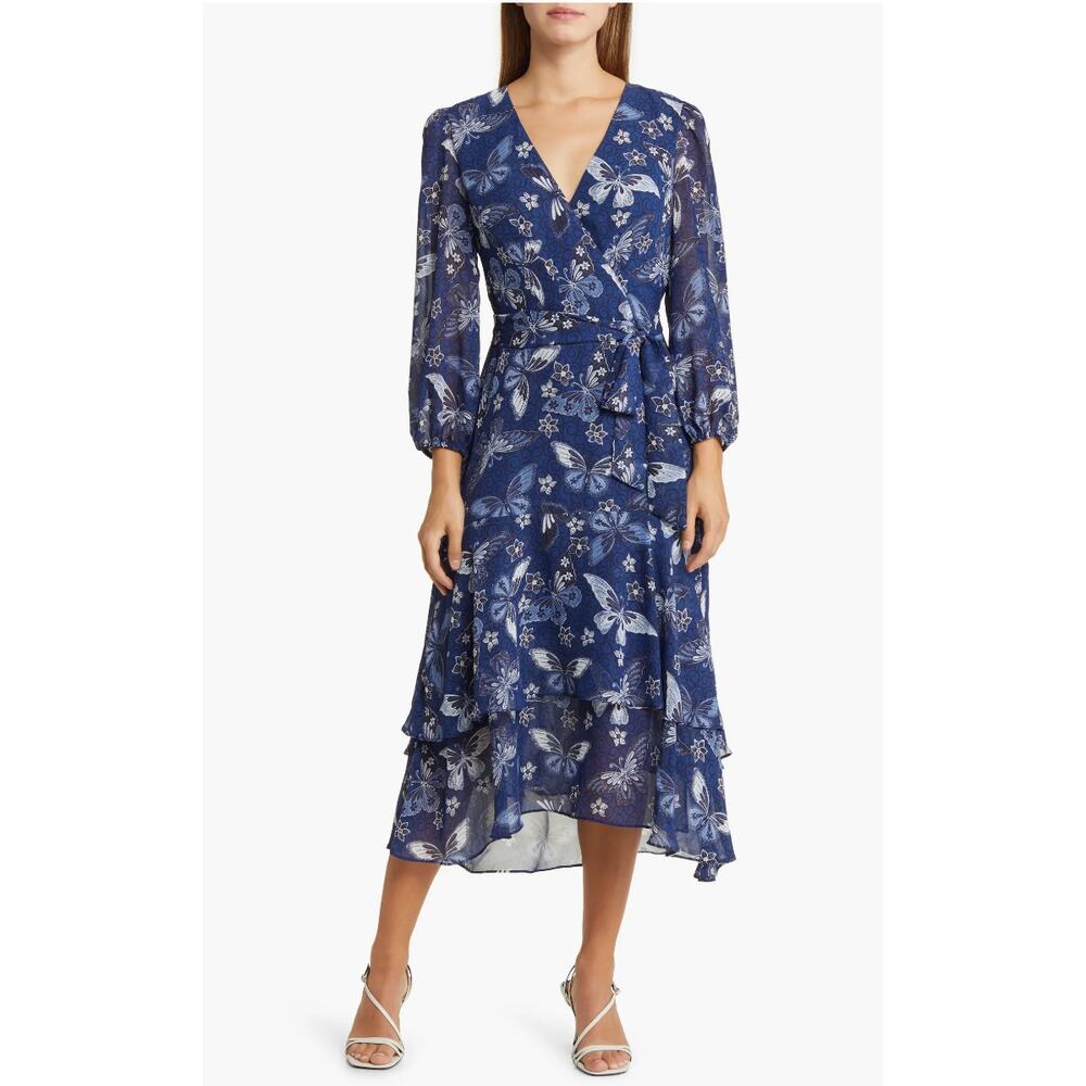 Eliza J Floral Long Sleeve Faux Wrap Midi Dress Blue Butterfly Floral New Size 4